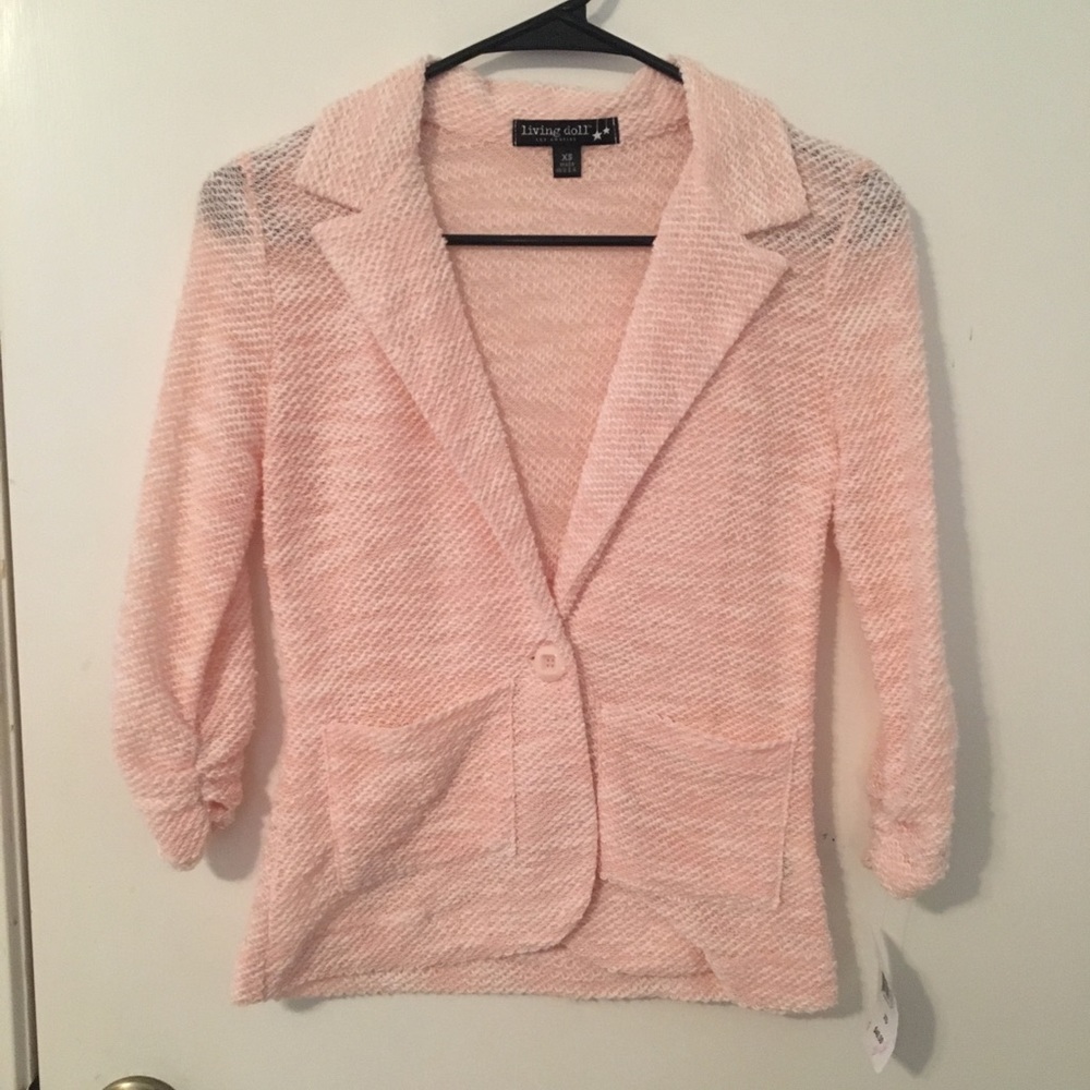 Pink sweater blazer.